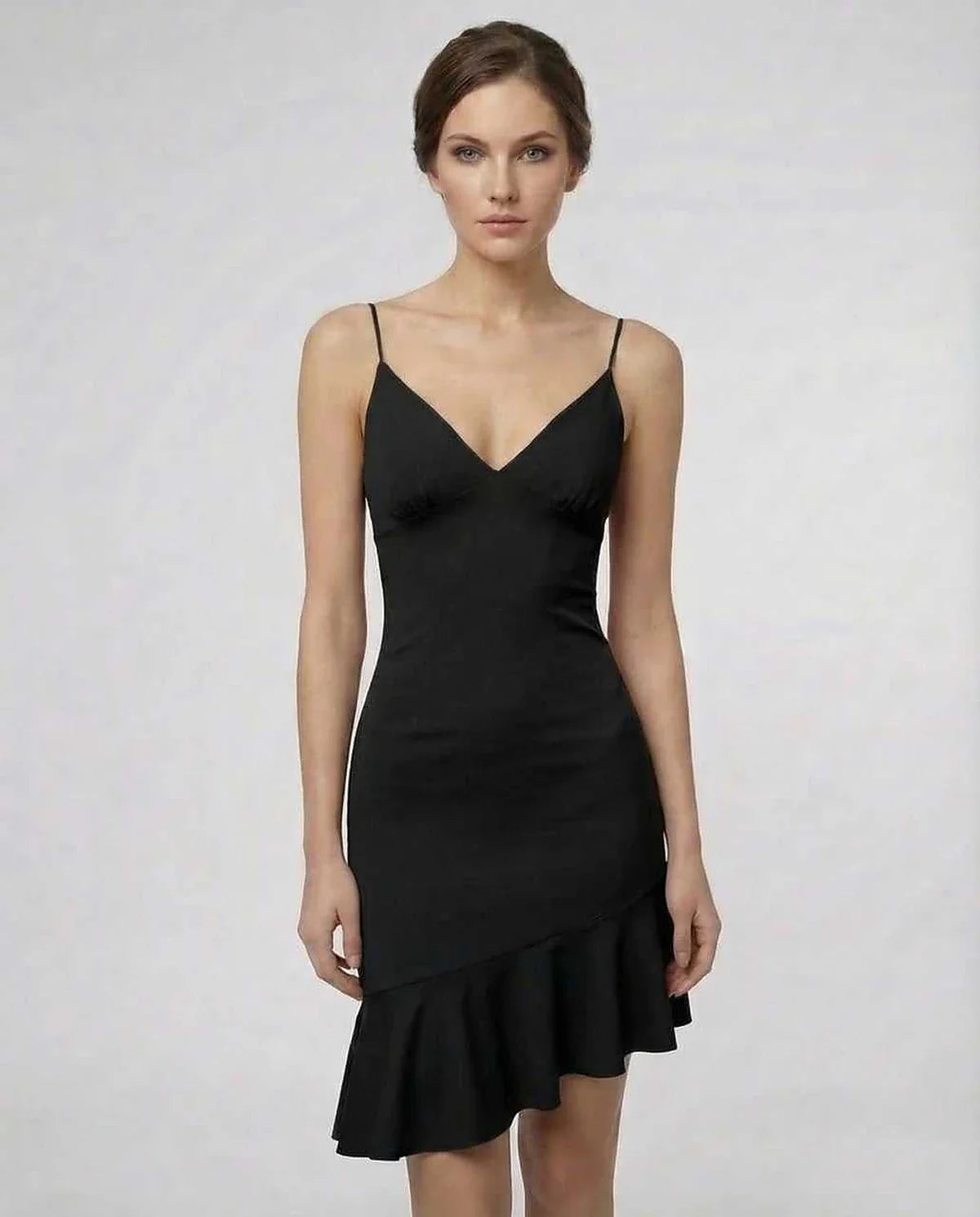 Black A-line V-Neck Sleeveless Mini Dress | Bridal Showers, front view | Ramblion | SKU: NMD-238947561-black-L-9008,NMD-238947561-black-M-1466,NMD-238947561-black-S-6270,NMD-238947561-black-XL-8607,NMD-238947561-black-XS-4951