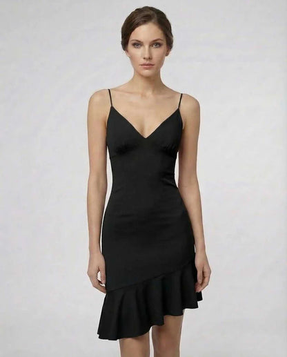 Black A-line V-Neck Sleeveless Mini Dress | Bridal Showers, front view | Ramblion | SKU: NMD-238947561-black-L-9008,NMD-238947561-black-M-1466,NMD-238947561-black-S-6270,NMD-238947561-black-XL-8607,NMD-238947561-black-XS-4951