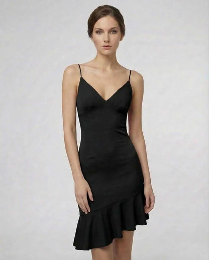 Black A-line V-Neck Sleeveless Mini Dress | Bridal Showers, front view | Ramblion | SKU: NMD-238947561-black-L-9008,NMD-238947561-black-M-1466,NMD-238947561-black-S-6270,NMD-238947561-black-XL-8607,NMD-238947561-black-XS-4951