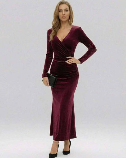 Ona Maxi Dress in deep burgundy velvet, features V neck, long sleeves, perfect for formal occasions, by RAMBLION.
