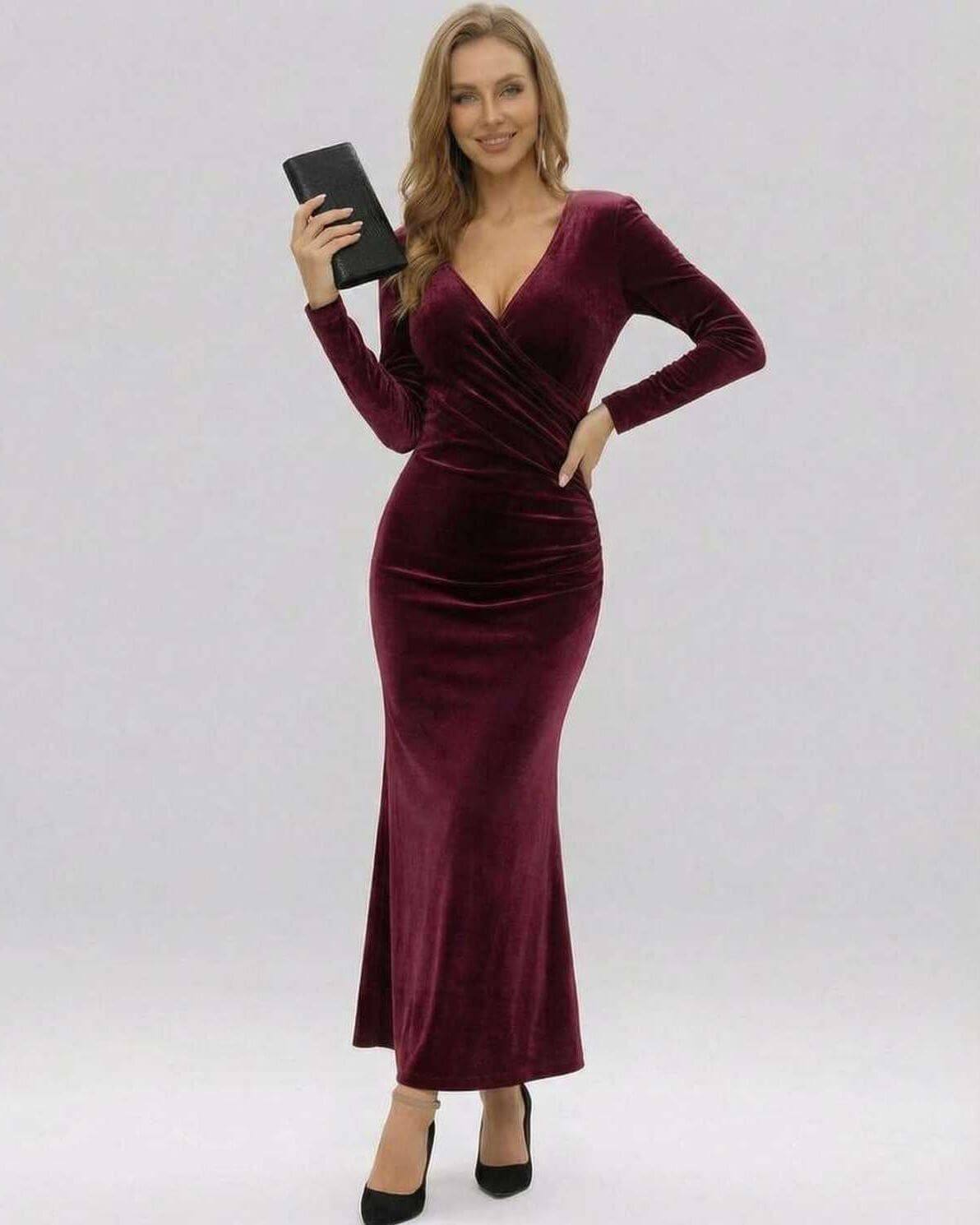 Ona Maxi Dress in red velvet, V neck, ankle-length, elegant style for formal occasions by RAMBLION.