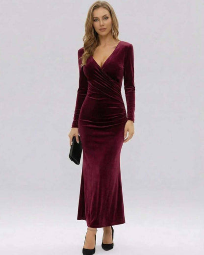 Ona Maxi Dress - Red ankle-length, 100% polyester velvet, chic vibe for formal occasions by RAMBLION.