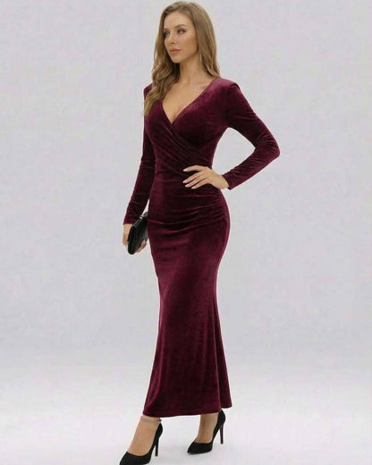 Ona Maxi Dress in red velvet, V-neck, ankle-length, perfect for formal events, by RAMBLION.