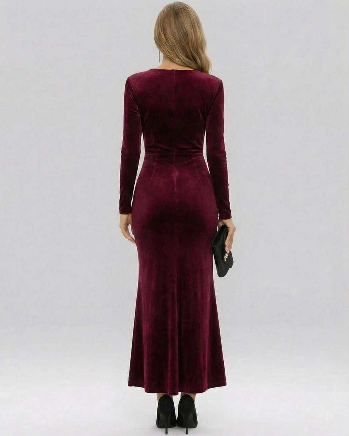 Ona Maxi Dress back view in burgundy velvet, ankle-length, elegant fit for formal occasions by RAMBLION.