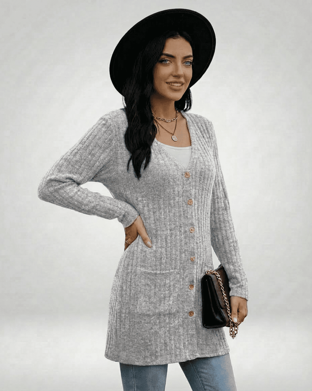 Onif Cardigan in grey, ribbed texture, casual chic style, perfect for outings, by RAMBLION.