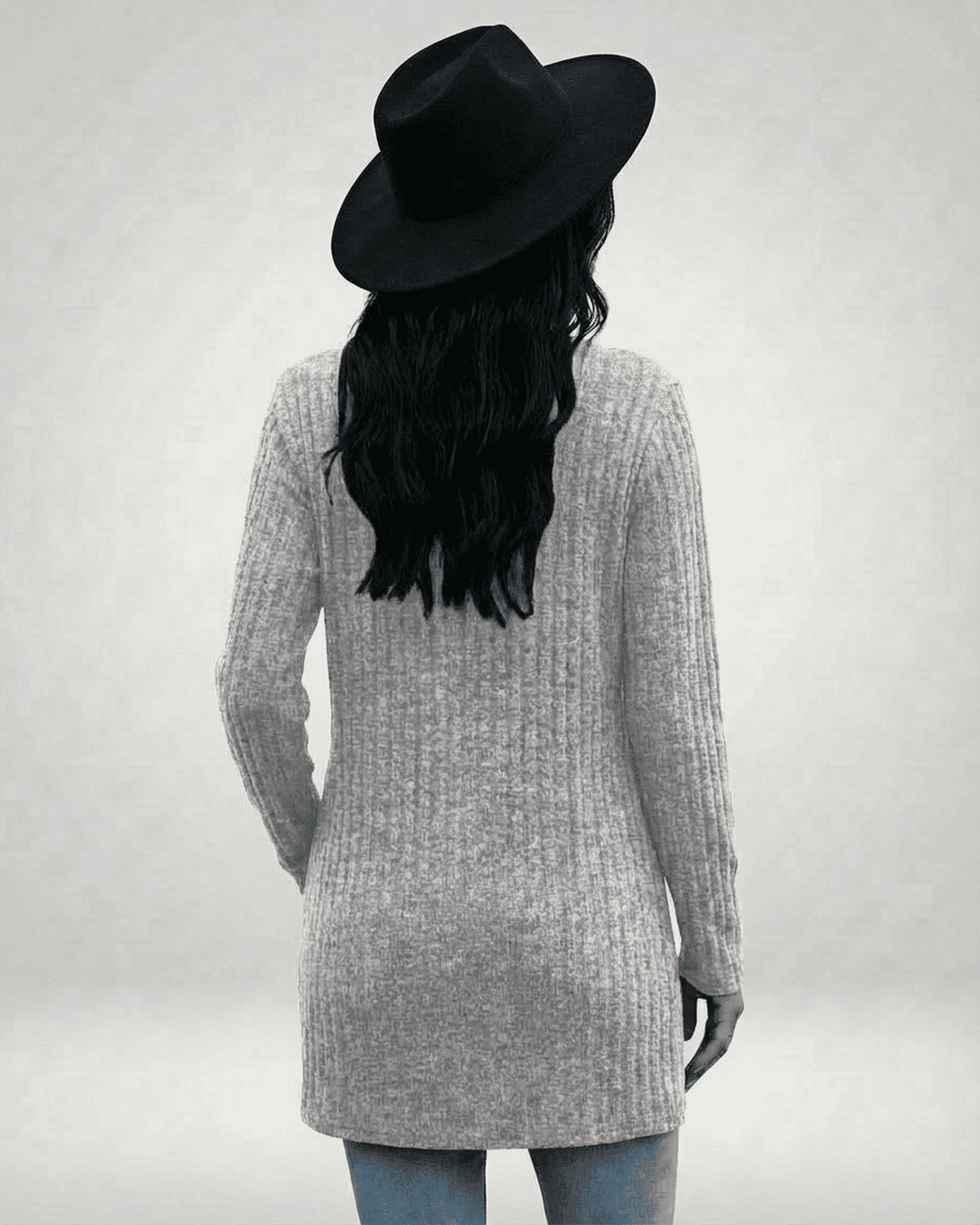 Onif Cardigan, grey longline silhouette, ribbed texture, versatile for casual and polished looks, by RAMBLION.