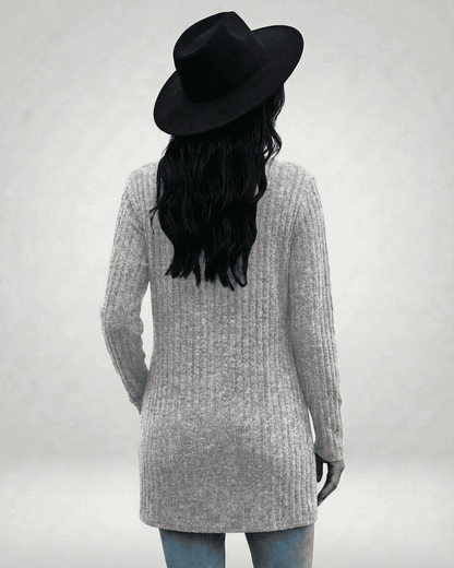 Onif Cardigan, grey longline silhouette, ribbed texture, versatile for casual and polished looks, by RAMBLION.
