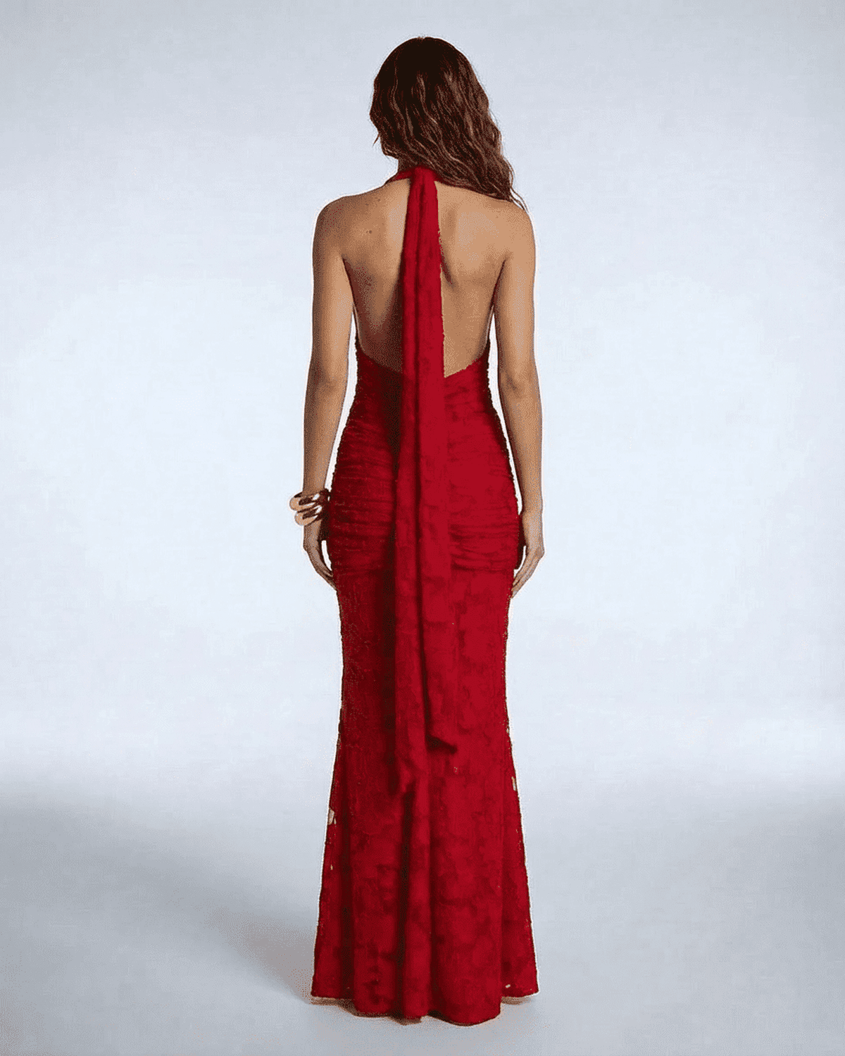 Onii Maxi Dress back view, red ankle-length, V-neck, mermaid silhouette, elegant evening wear by RAMBLION.