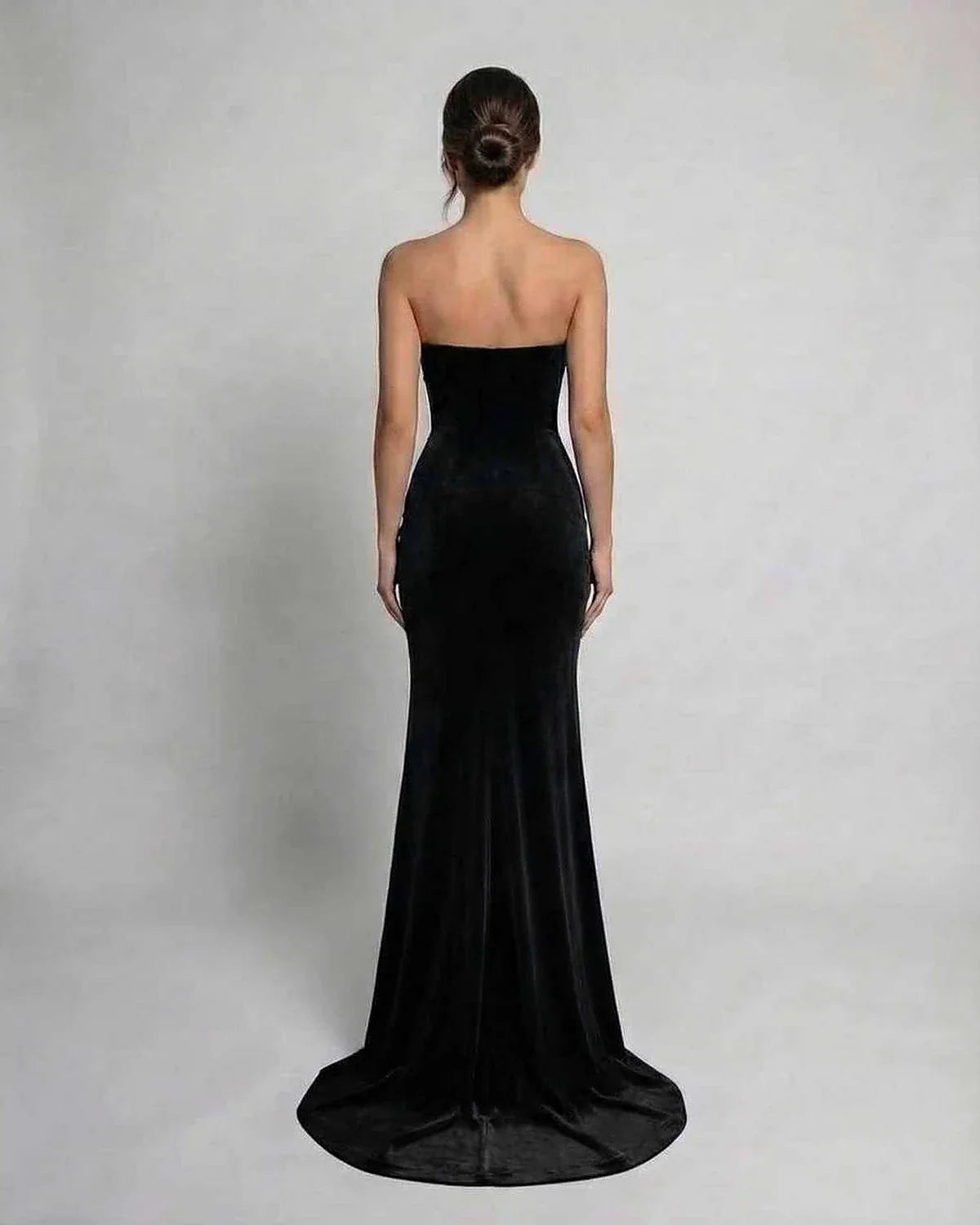 Black Velvet Gown Strapless Maxi Dress | Evening Events, Night Out & Bridal Showers, back view | Ramblion | SKU: NMD-763829105-black-L-8604,NMD-763829105-black-M-3488,NMD-763829105-black-S-5597,NMD-763829105-black-XL-7932,NMD-763829105-black-XS-4424