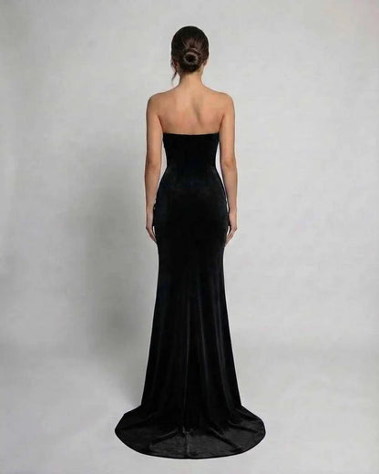 Black Velvet Gown Strapless Maxi Dress | Evening Events, Night Out & Bridal Showers, back view | Ramblion | SKU: NMD-763829105-black-L-8604,NMD-763829105-black-M-3488,NMD-763829105-black-S-5597,NMD-763829105-black-XL-7932,NMD-763829105-black-XS-4424
