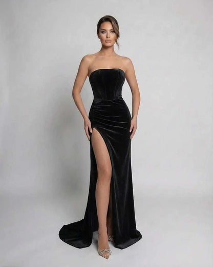 Black Velvet Gown Strapless Maxi Dress | Evening Events, Night Out & Bridal Showers, front view | Ramblion | SKU: NMD-763829105-black-L-8604,NMD-763829105-black-M-3488,NMD-763829105-black-S-5597,NMD-763829105-black-XL-7932,NMD-763829105-black-XS-4424