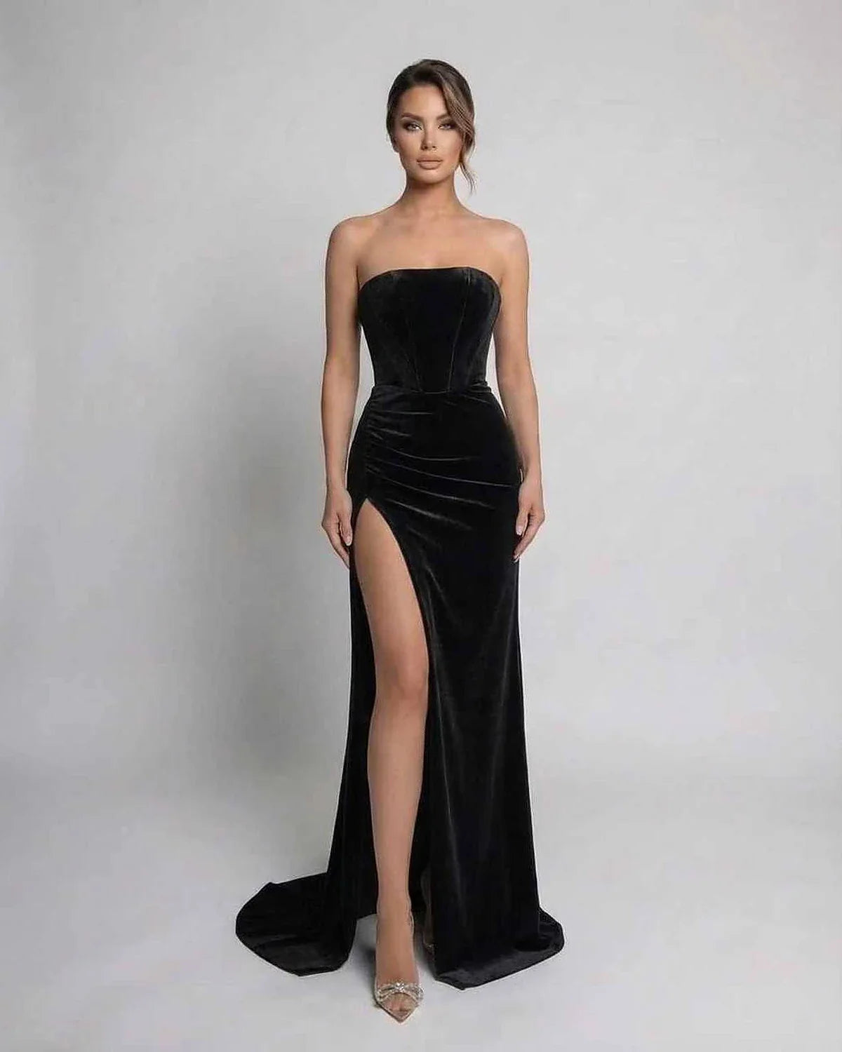 Black Velvet Gown Strapless Maxi Dress | Evening Events, Night Out & Bridal Showers, front view | Ramblion | SKU: NMD-763829105-black-L-8604,NMD-763829105-black-M-3488,NMD-763829105-black-S-5597,NMD-763829105-black-XL-7932,NMD-763829105-black-XS-4424