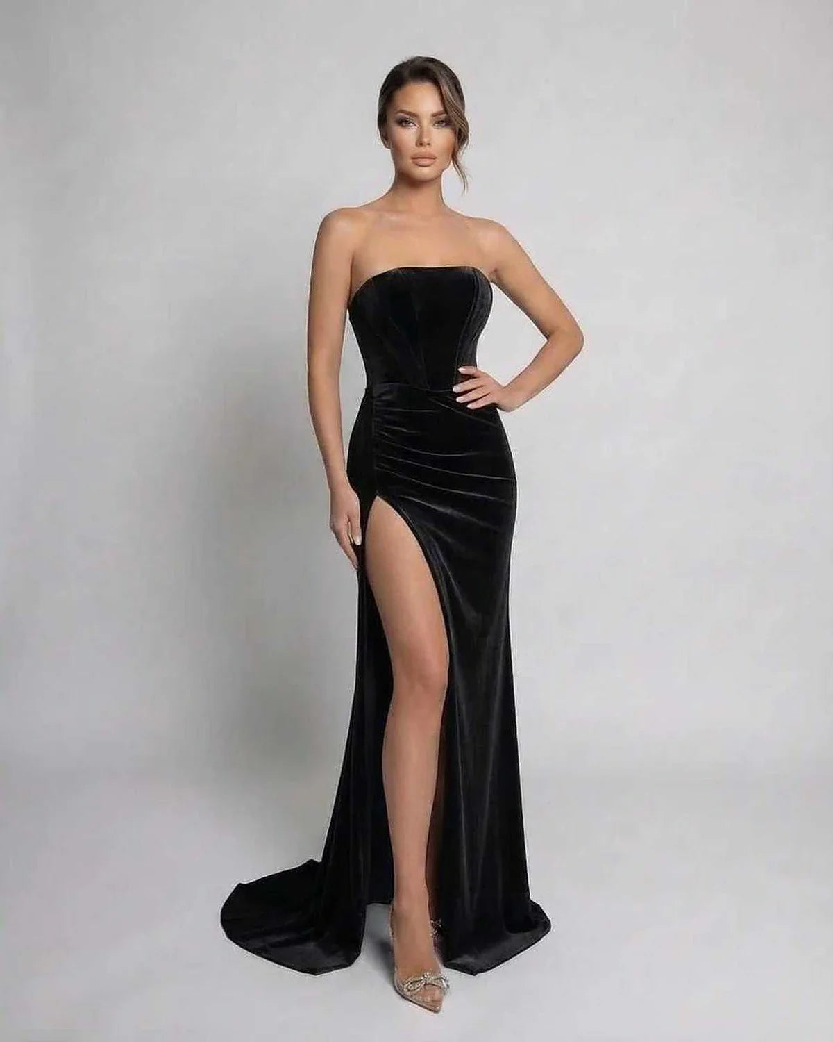 Black Velvet Gown Strapless Maxi Dress | Evening Events, Night Out & Bridal Showers, front view | Ramblion | SKU: NMD-763829105-black-L-8604,NMD-763829105-black-M-3488,NMD-763829105-black-S-5597,NMD-763829105-black-XL-7932,NMD-763829105-black-XS-4424