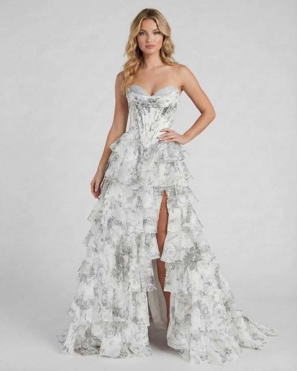 Ora Maxi Dress - Strapless satin gown with tiered ruffles, high slit, perfect for elegant occasions by RAMBLION.
