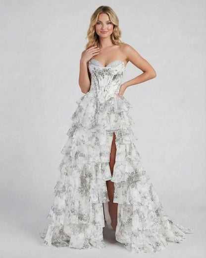 Ora Maxi Dress, strapless, luxurious satin, tiered ruffles, elegant gown by RAMBLION, perfect for special occasions.