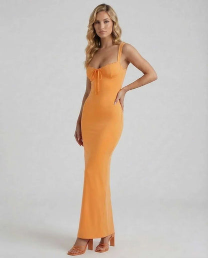 Orange Satin Slip V-Neck Sleeveless Maxi Dress | Evening Events, Celebrations & Daily Wear, front view | Ramblion | SKU: SOMD-918273645-orange-L-9068,SOMD-918273645-orange-M-5382,SOMD-918273645-orange-S-5811,SOMD-918273645-orange-XL-7274,SOMD-918273645-orange-XS-7147