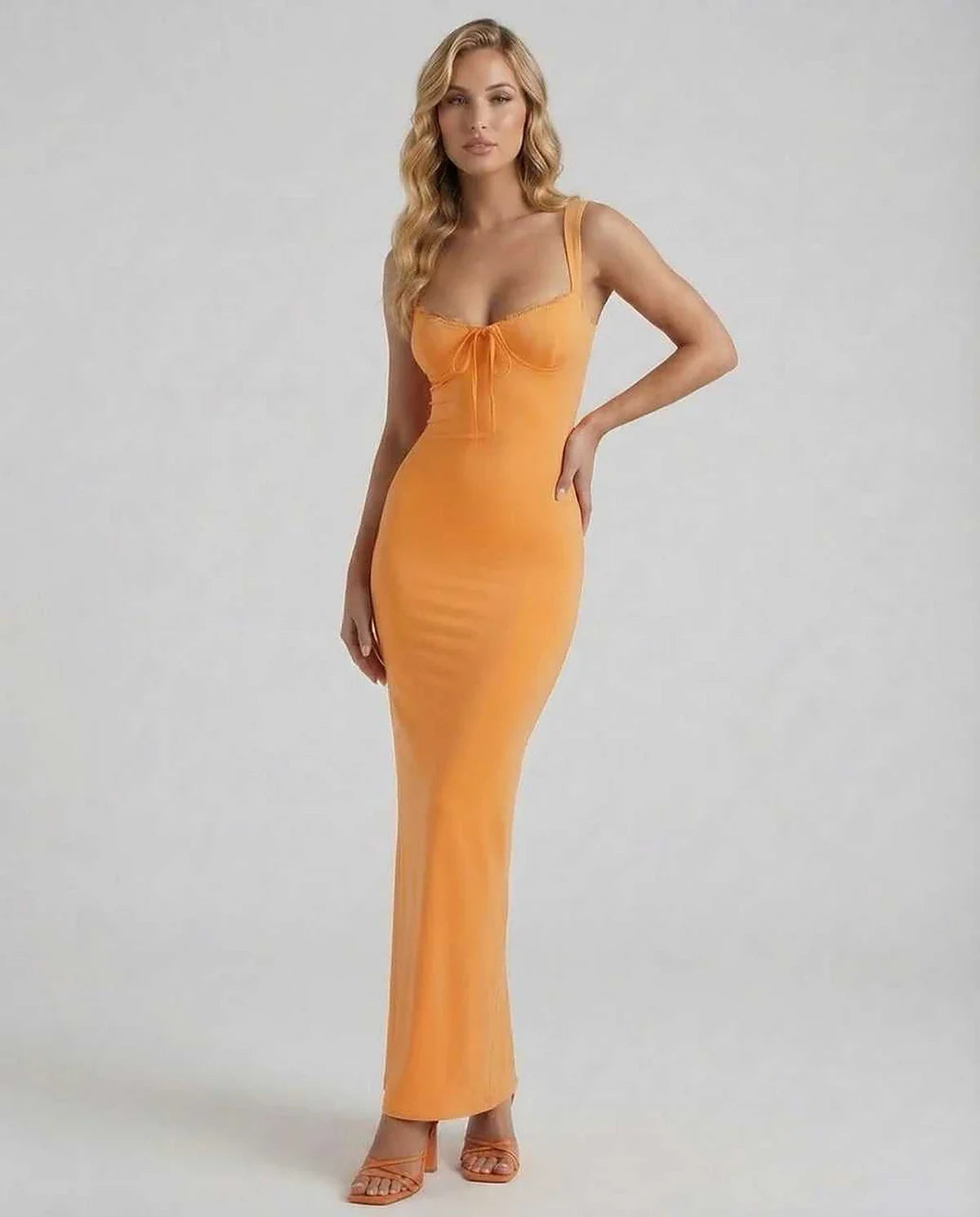Orange Satin Slip V-Neck Sleeveless Maxi Dress | Evening Events, Celebrations & Daily Wear, front view | Ramblion | SKU: SOMD-918273645-orange-L-9068,SOMD-918273645-orange-M-5382,SOMD-918273645-orange-S-5811,SOMD-918273645-orange-XL-7274,SOMD-918273645-orange-XS-7147