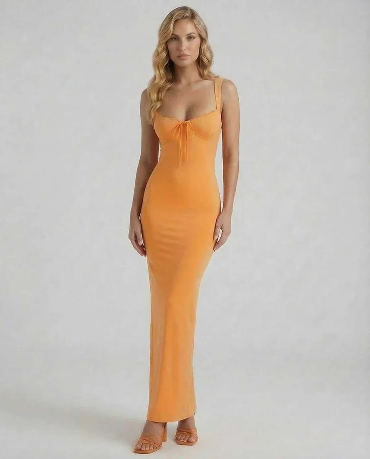 Orange Satin Slip V-Neck Sleeveless Maxi Dress | Evening Events, Celebrations & Daily Wear, front view | Ramblion | SKU: SOMD-918273645-orange-L-9068,SOMD-918273645-orange-M-5382,SOMD-918273645-orange-S-5811,SOMD-918273645-orange-XL-7274,SOMD-918273645-orange-XS-7147