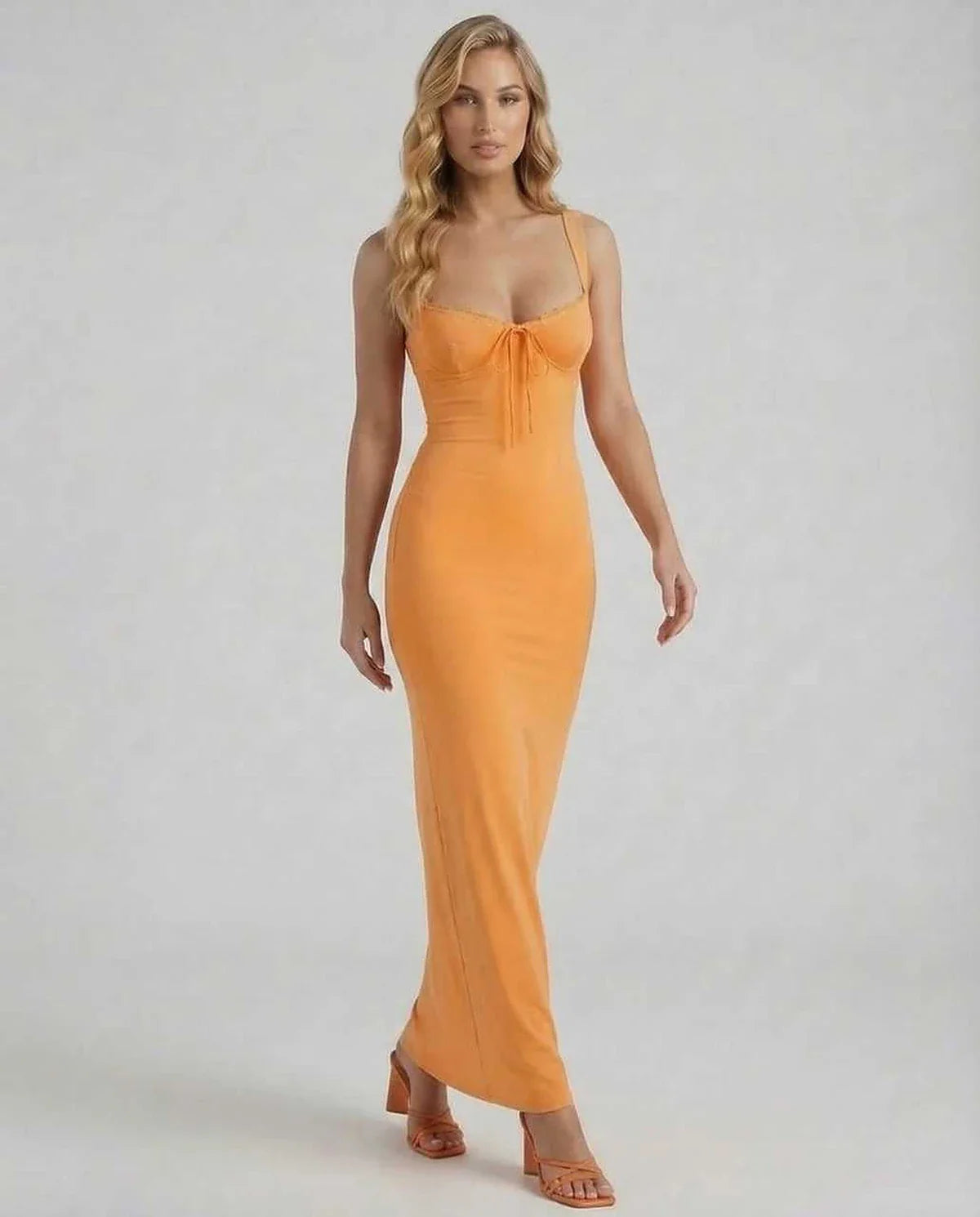 Orange Satin Slip V-Neck Sleeveless Maxi Dress | Evening Events, Celebrations & Daily Wear, front view | Ramblion | SKU: SOMD-918273645-orange-L-9068,SOMD-918273645-orange-M-5382,SOMD-918273645-orange-S-5811,SOMD-918273645-orange-XL-7274,SOMD-918273645-orange-XS-7147