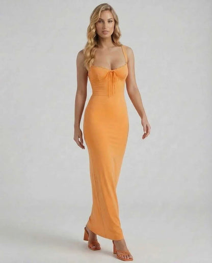Orange Satin Slip V-Neck Sleeveless Maxi Dress | Evening Events, Celebrations & Daily Wear, front view | Ramblion | SKU: SOMD-918273645-orange-L-9068,SOMD-918273645-orange-M-5382,SOMD-918273645-orange-S-5811,SOMD-918273645-orange-XL-7274,SOMD-918273645-orange-XS-7147