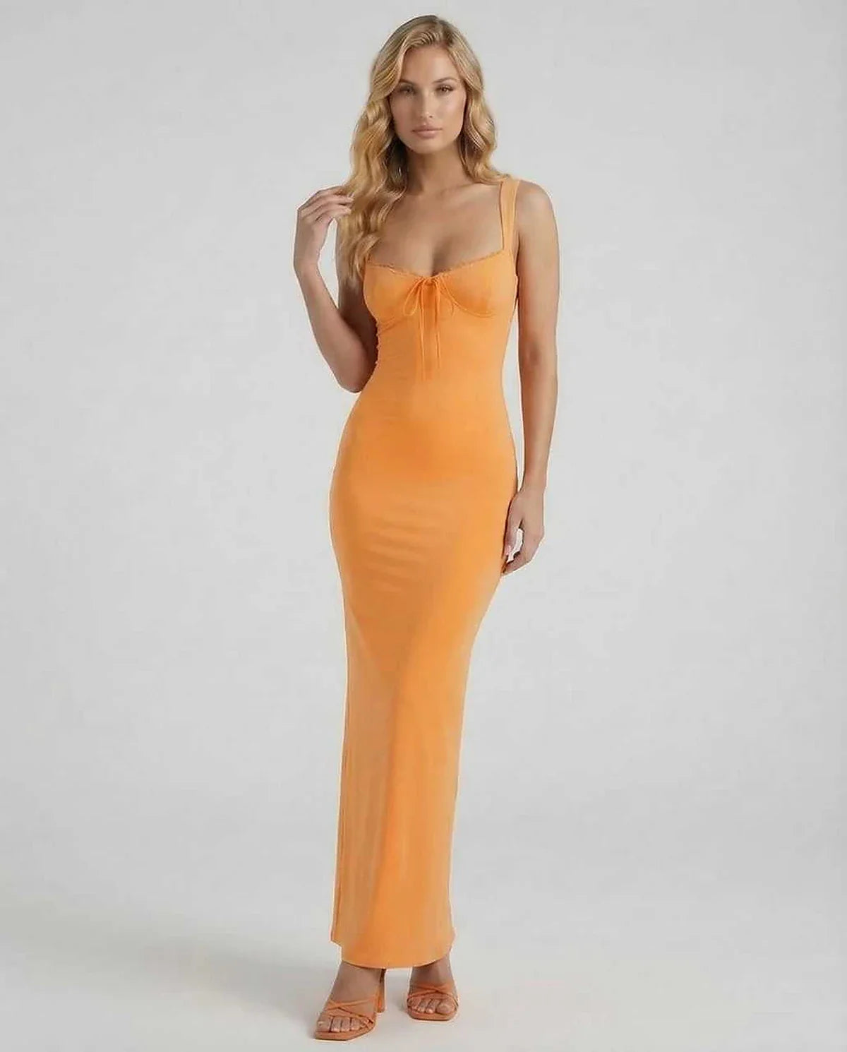 Orange Satin Slip V-Neck Sleeveless Maxi Dress | Evening Events, Celebrations & Daily Wear, front view | Ramblion | SKU: SOMD-918273645-orange-L-9068,SOMD-918273645-orange-M-5382,SOMD-918273645-orange-S-5811,SOMD-918273645-orange-XL-7274,SOMD-918273645-orange-XS-7147