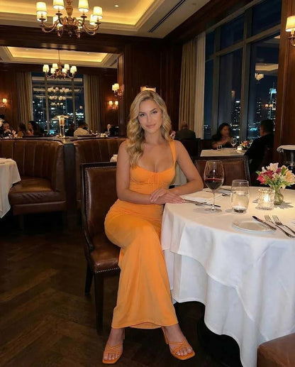 Orange Satin Slip V-Neck Sleeveless Maxi Dress | Evening Events, Celebrations & Daily Wear, lifestyle shot | Ramblion | SKU: SOMD-918273645-orange-L-9068,SOMD-918273645-orange-M-5382,SOMD-918273645-orange-S-5811,SOMD-918273645-orange-XL-7274,SOMD-918273645-orange-XS-7147