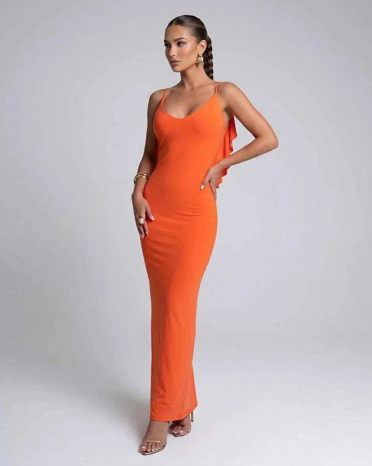 Orange Satin Slip V-Neck Sleeveless Maxi Dress | Guest of Wedding, side view | Ramblion | SKU: CMD-483920175-orange-L-4363,CMD-483920175-orange-M-5058,CMD-483920175-orange-S-6716,CMD-483920175-orange-XL-4748,CMD-483920175-orange-XS-4421