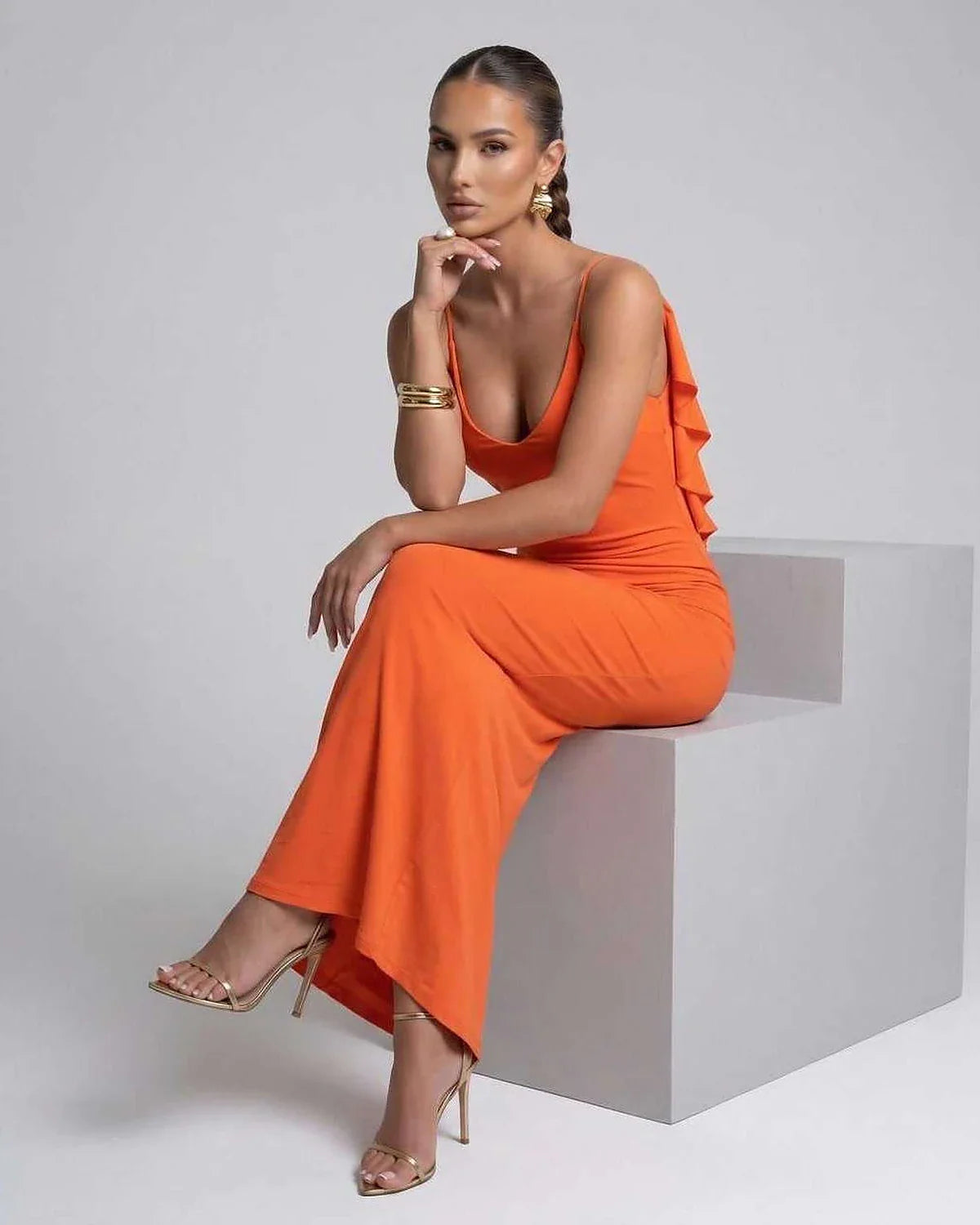 Orange Satin Slip V-Neck Sleeveless Maxi Dress | Guest of Wedding, front view | Ramblion | SKU: CMD-483920175-orange-L-4363,CMD-483920175-orange-M-5058,CMD-483920175-orange-S-6716,CMD-483920175-orange-XL-4748,CMD-483920175-orange-XS-4421