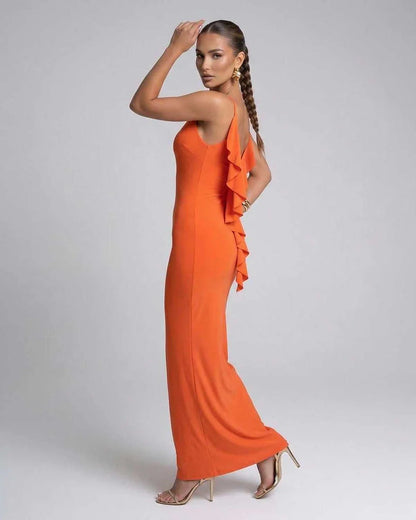 Orange Satin Slip V-Neck Sleeveless Maxi Dress | Guest of Wedding, side view | Ramblion | SKU: CMD-483920175-orange-L-4363,CMD-483920175-orange-M-5058,CMD-483920175-orange-S-6716,CMD-483920175-orange-XL-4748,CMD-483920175-orange-XS-4421