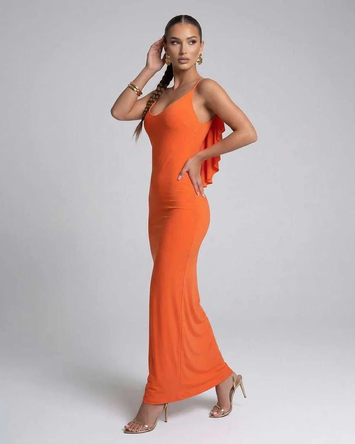 Orange Satin Slip V-Neck Sleeveless Maxi Dress | Guest of Wedding, side view | Ramblion | SKU: CMD-483920175-orange-L-4363,CMD-483920175-orange-M-5058,CMD-483920175-orange-S-6716,CMD-483920175-orange-XL-4748,CMD-483920175-orange-XS-4421
