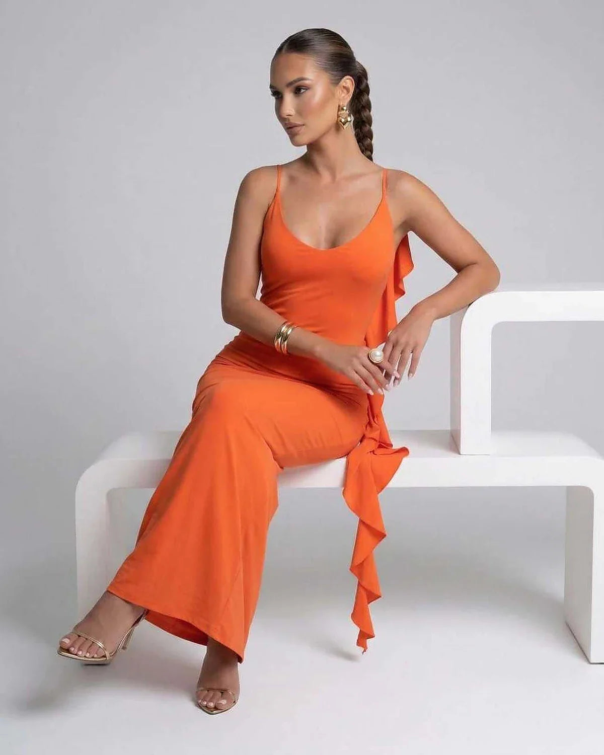 Orange Satin Slip V-Neck Sleeveless Maxi Dress | Guest of Wedding, side view | Ramblion | SKU: CMD-483920175-orange-L-4363,CMD-483920175-orange-M-5058,CMD-483920175-orange-S-6716,CMD-483920175-orange-XL-4748,CMD-483920175-orange-XS-4421