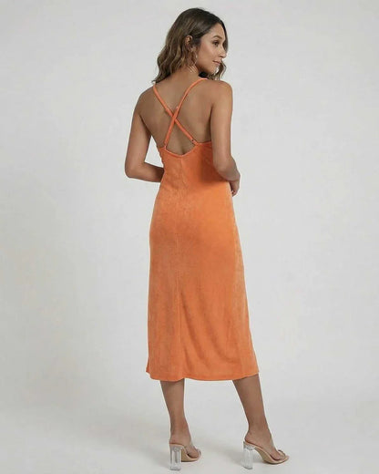 Orange Slip Cowl Neck Sleeveless Midi Dress | Formal Events, Celebrations & Weekend Wear, back view | Ramblion | SKU: SMD-48372-orange-L-8102,SMD-48372-orange-M-9579,SMD-48372-orange-S-7228,SMD-48372-orange-XL-8738,SMD-48372-orange-XS-9422