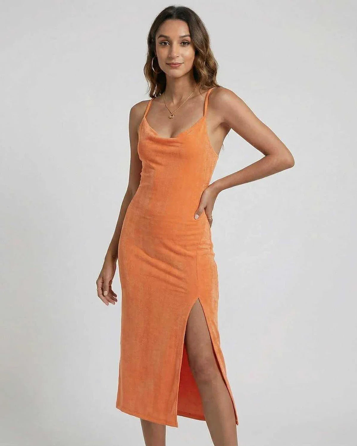 Orange Slip Cowl Neck Sleeveless Midi Dress | Formal Events, Celebrations & Weekend Wear, front view | Ramblion | SKU: SMD-48372-orange-L-8102,SMD-48372-orange-M-9579,SMD-48372-orange-S-7228,SMD-48372-orange-XL-8738,SMD-48372-orange-XS-9422