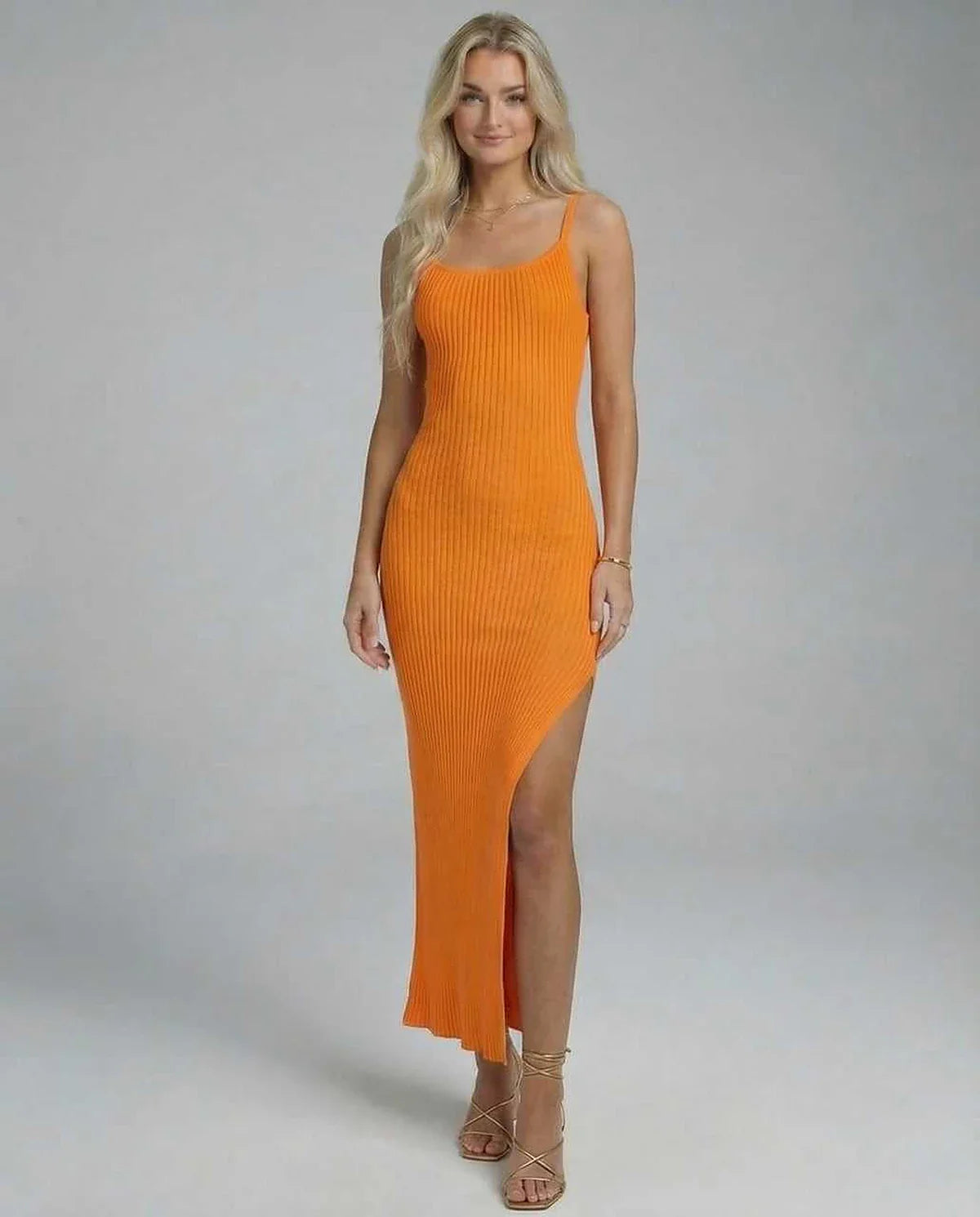 Orange Slip Round Neck Sleeveless Midi Dress | Formal Occasions, Cocktail Hour, Guest of Wedding & Everyday Wear, front view | SKU: OMD-792046158-orange-L-7167,OMD-792046158-orange-M-7740,OMD-792046158-orange-S-1377,OMD-792046158-orange-XL-6991,OMD-792046158-orange-XS-6130
