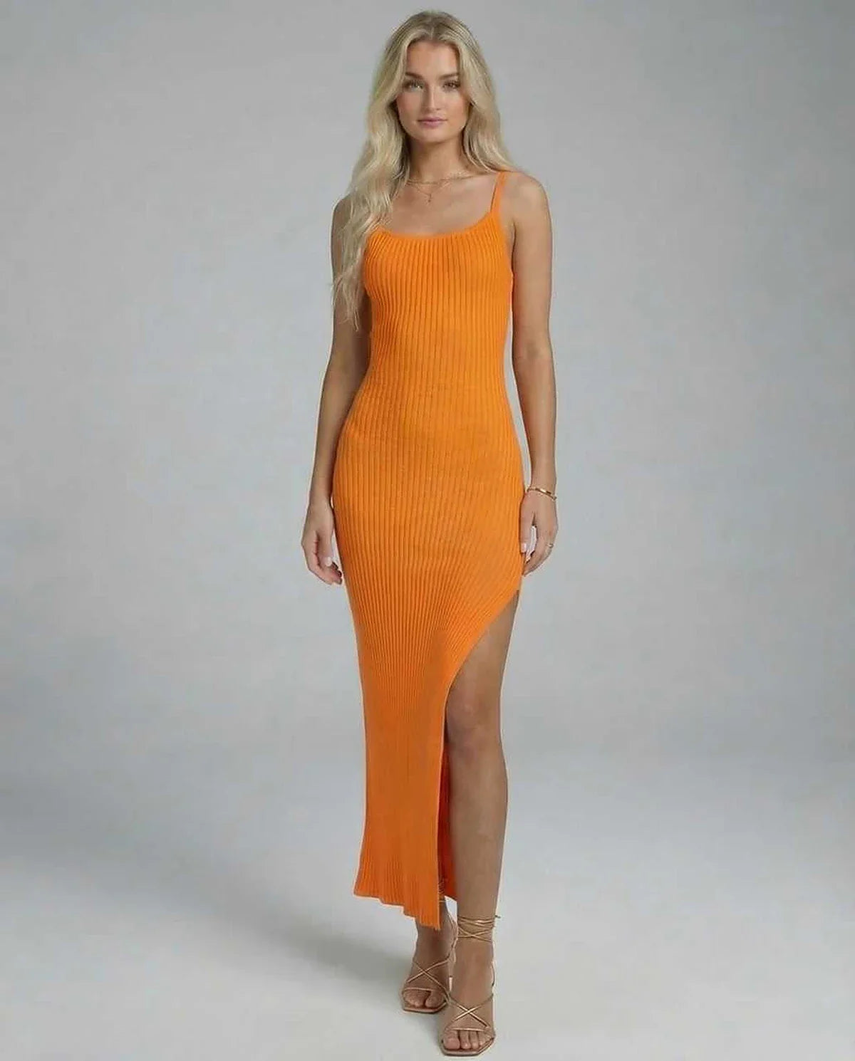 Orange Slip Round Neck Sleeveless Midi Dress | Formal Occasions, Cocktail Hour, Guest of Wedding & Everyday Wear, front view | SKU: OMD-792046158-orange-L-7167,OMD-792046158-orange-M-7740,OMD-792046158-orange-S-1377,OMD-792046158-orange-XL-6991,OMD-792046158-orange-XS-6130