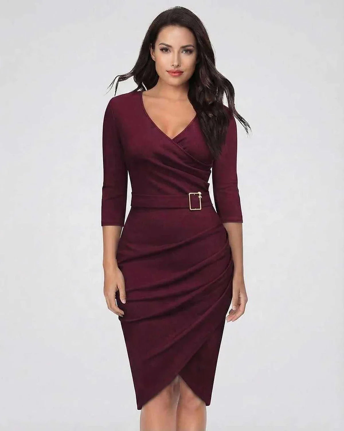 Burgundy Wrap V-Neck 3/4 Sleeve Midi Dress | Prom, Evening Parties, Bridal Showers & Brunch, front view | Ramblion | SKU: VMD-839274615-burgundy-L-7477,VMD-839274615-burgundy-M-5154,VMD-839274615-burgundy-S-7746,VMD-839274615-burgundy-XL-5399,VMD-839274615-burgundy-XS-3307