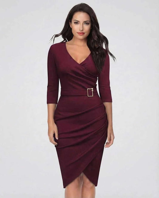 Burgundy Wrap V-Neck 3/4 Sleeve Midi Dress | Prom, Evening Parties, Bridal Showers & Brunch, front view | Ramblion