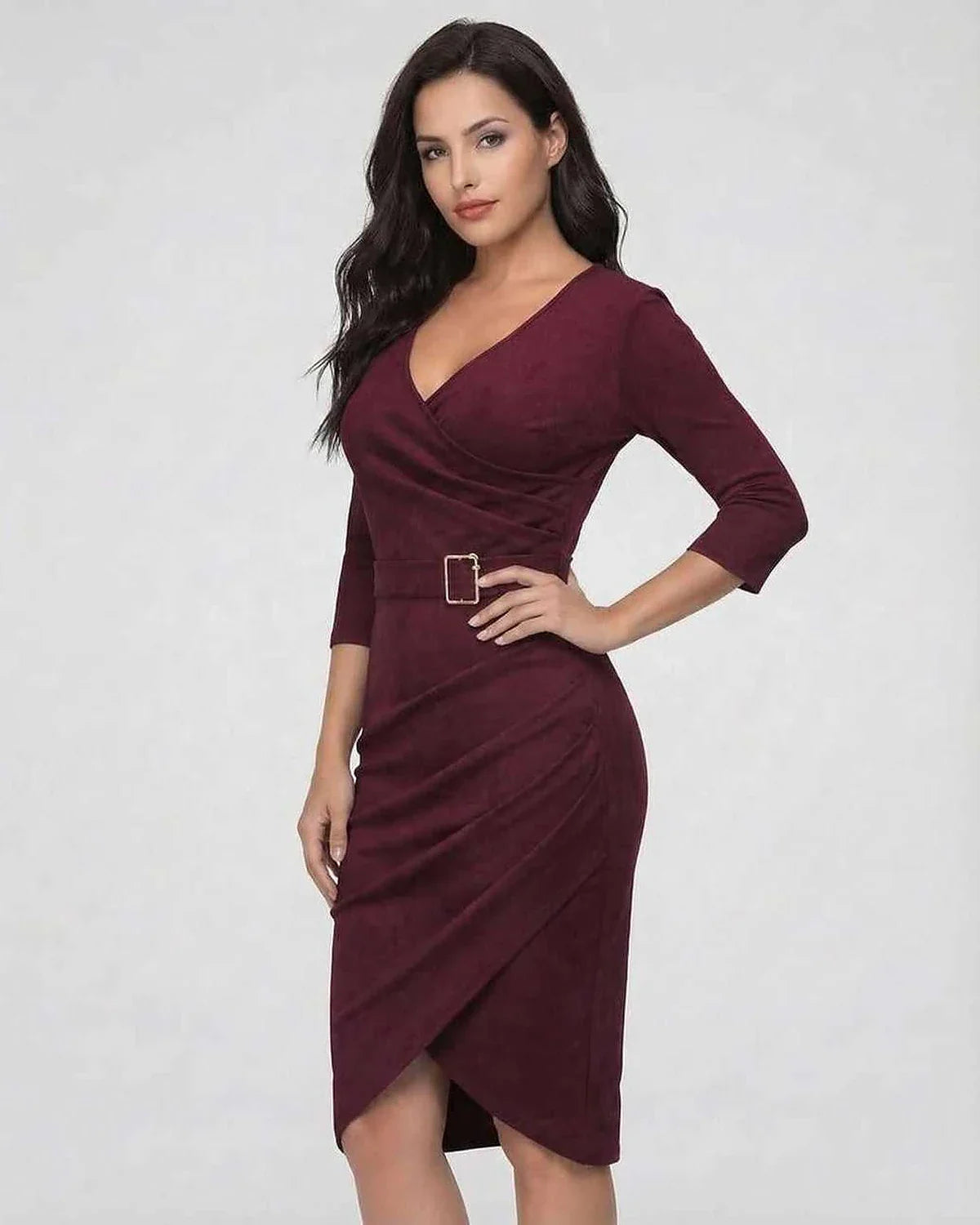 Burgundy Wrap V-Neck 3/4 Sleeve Midi Dress | Prom, Evening Parties, Bridal Showers & Brunch, side view | Ramblion | SKU: VMD-839274615-burgundy-L-7477,VMD-839274615-burgundy-M-5154,VMD-839274615-burgundy-S-7746,VMD-839274615-burgundy-XL-5399,VMD-839274615-burgundy-XS-3307