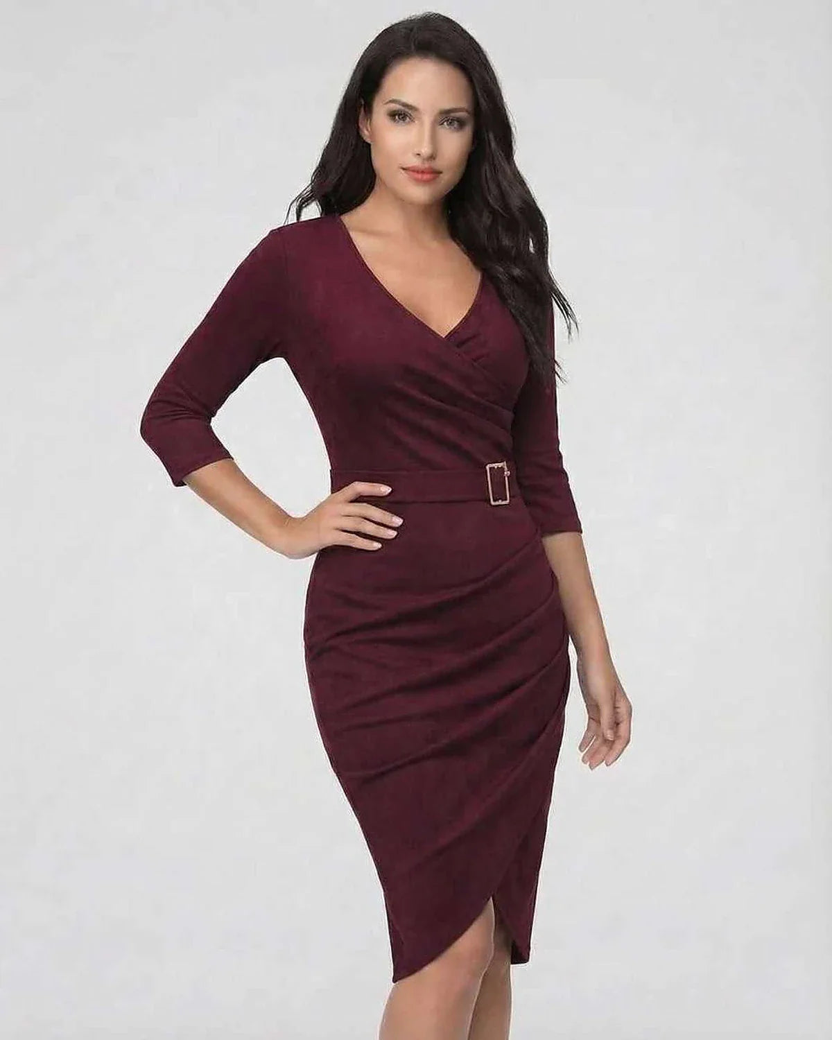 Burgundy Wrap V-Neck 3/4 Sleeve Midi Dress | Prom, Evening Parties, Bridal Showers & Brunch, front view | Ramblion | SKU: VMD-839274615-burgundy-L-7477,VMD-839274615-burgundy-M-5154,VMD-839274615-burgundy-S-7746,VMD-839274615-burgundy-XL-5399,VMD-839274615-burgundy-XS-3307