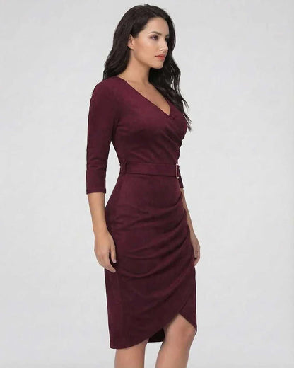 Burgundy Wrap V-Neck 3/4 Sleeve Midi Dress | Prom, Evening Parties, Bridal Showers & Brunch, side view | Ramblion | SKU: VMD-839274615-burgundy-L-7477,VMD-839274615-burgundy-M-5154,VMD-839274615-burgundy-S-7746,VMD-839274615-burgundy-XL-5399,VMD-839274615-burgundy-XS-3307