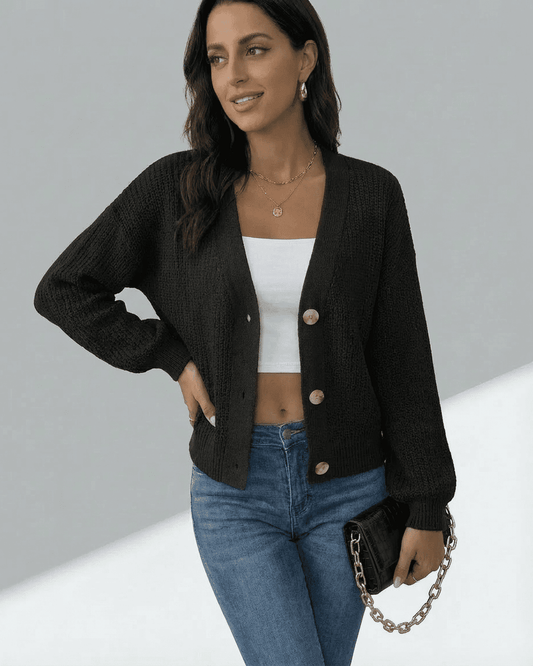 Orion Cardigan - Long Sleeve V-Neck Knitwear by RAMBLION in black, perfect for layering with a minimalist style.