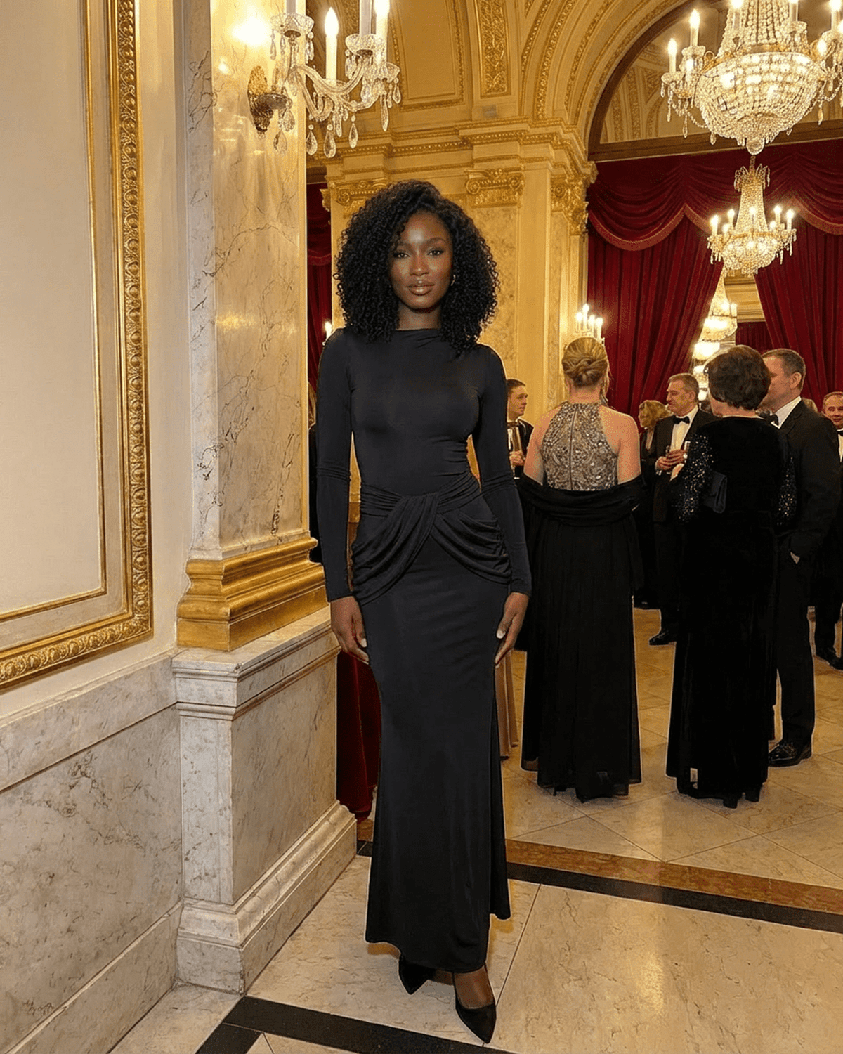 Orion Maxi Dress by RAMBLION, showcasing long sleeve crew neck silhouette with ruched high waist detail in elegant setting.