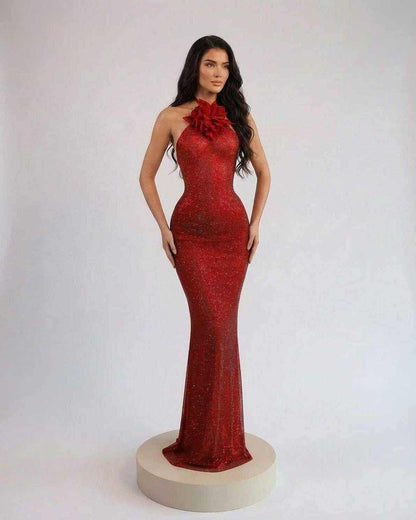 Osla Maxi Dress in vibrant red with shimmer, halter design, ideal for formal events by RAMBLION.