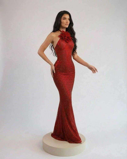 Osla Maxi Dress in striking red with halter design, perfect for formal occasions by RAMBLION.