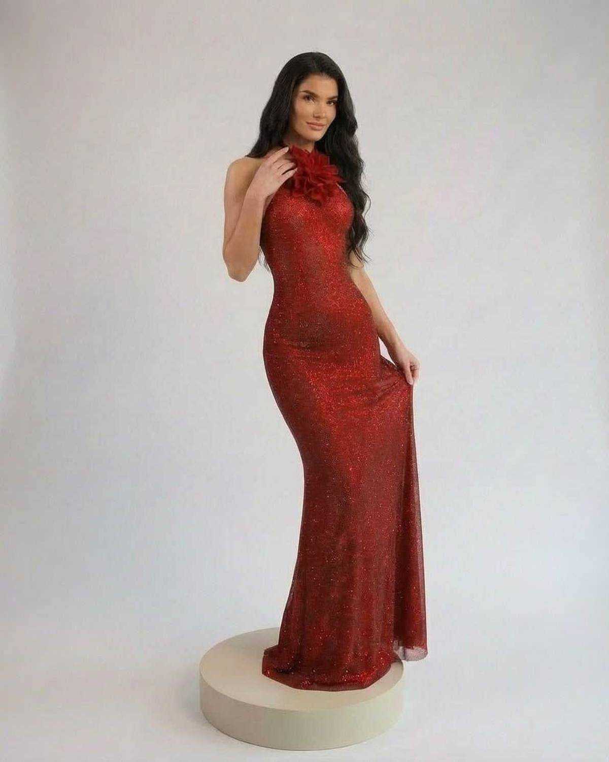 Osla Maxi Dress: Stunning red ankle-length halter dress by RAMBLION, perfect for formal occasions, featuring a shimmering finish.