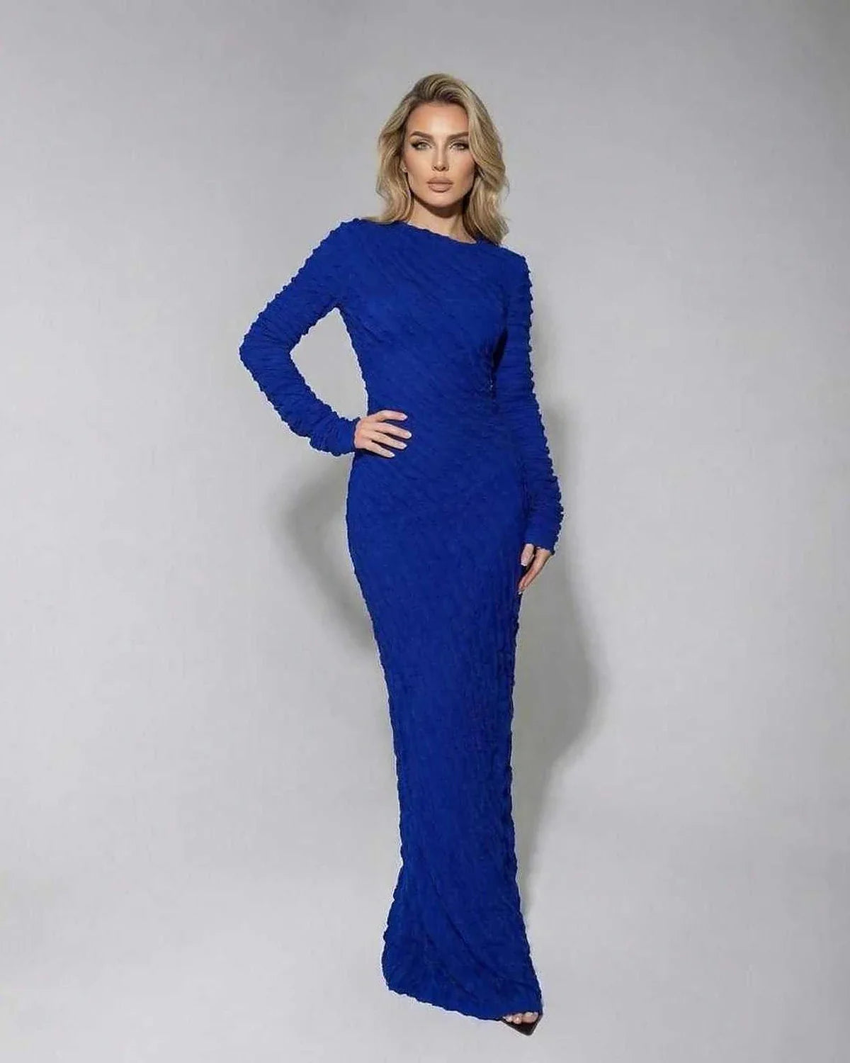 Blue Satin Bodycon Round Neck Long Sleeve Maxi Dress | Evening Events, Celebrations, Bridal Showers & Everyday Wear, front vi | SKU: MMD-384726195-blue-L-8530,MMD-384726195-blue-M-5838,MMD-384726195-blue-S-5288,MMD-384726195-blue-XL-8553,MMD-384726195-blue-XS-8460