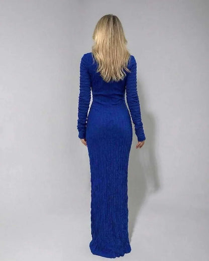 Blue Satin Bodycon Round Neck Long Sleeve Maxi Dress | Evening Events, Celebrations, Bridal Showers & Everyday Wear, back vie | SKU: MMD-384726195-blue-L-8530,MMD-384726195-blue-M-5838,MMD-384726195-blue-S-5288,MMD-384726195-blue-XL-8553,MMD-384726195-blue-XS-8460