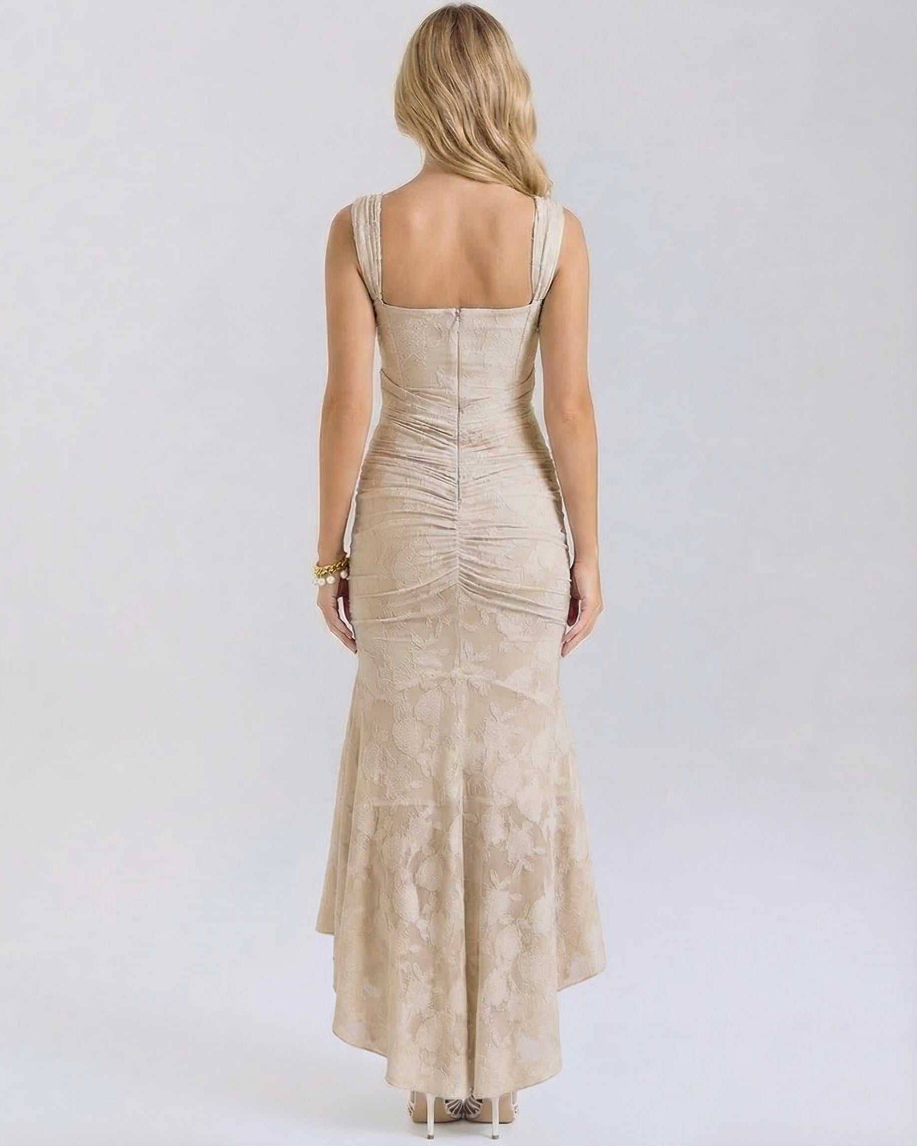 Ovra Maxi Dress in soft beige, showcasing back view, featuring square neck and elegant jacquard texture by RAMBLION.