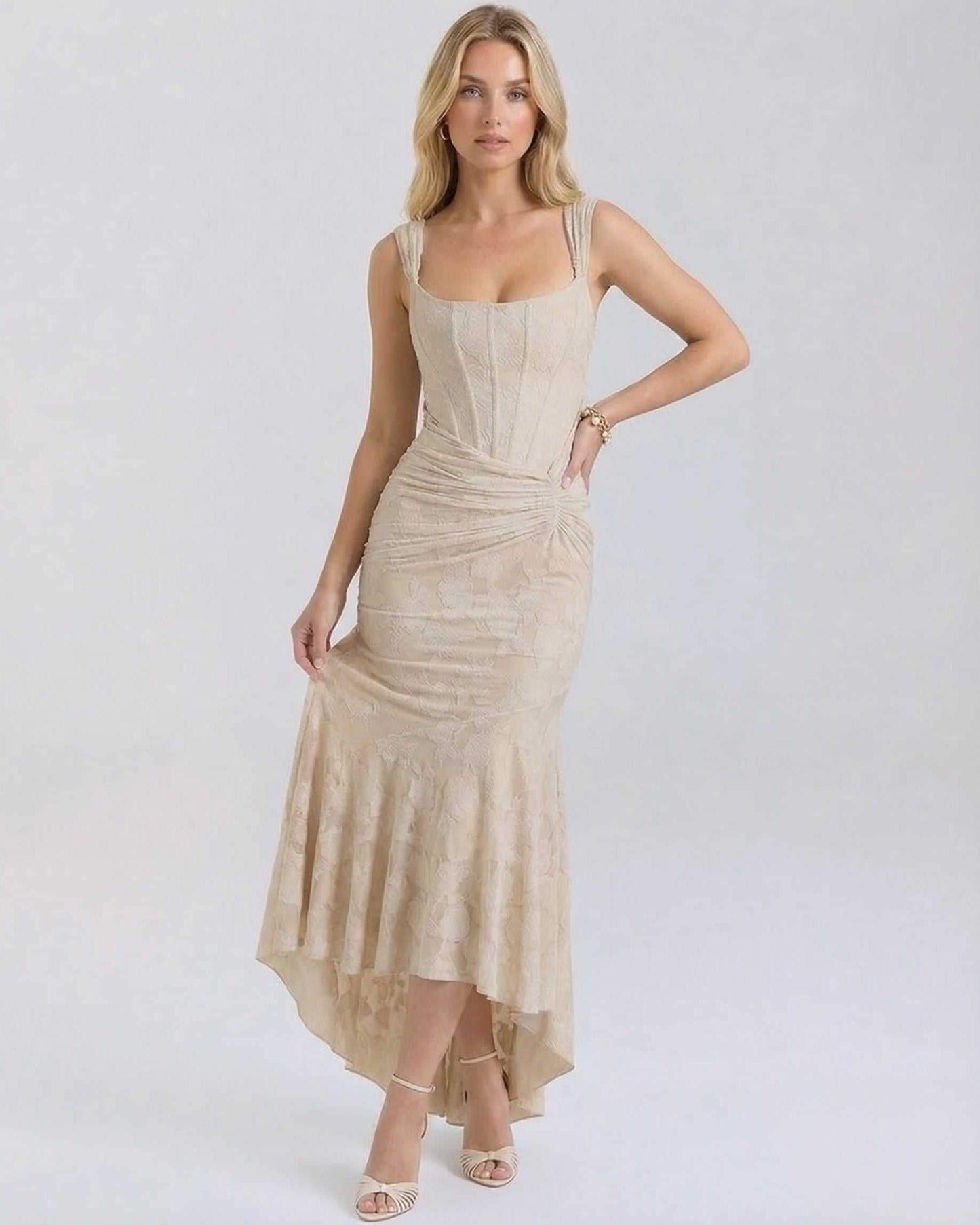 Ovra Maxi Dress in beige, 100% Polyester Satin, square neckline, elegant design for special occasions by RAMBLION.