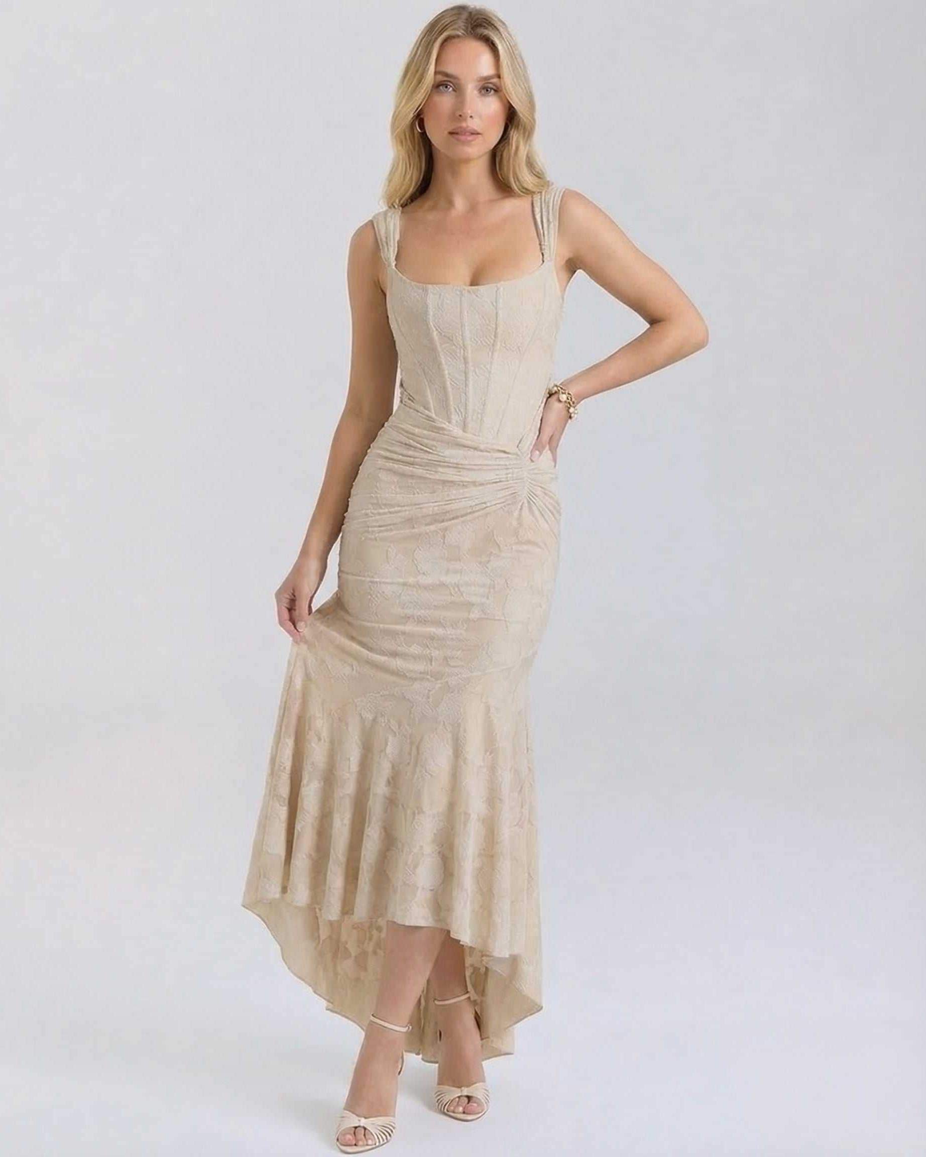 Ovra Maxi Dress in beige, 100% Polyester Satin, square neckline, elegant design for special occasions by RAMBLION.